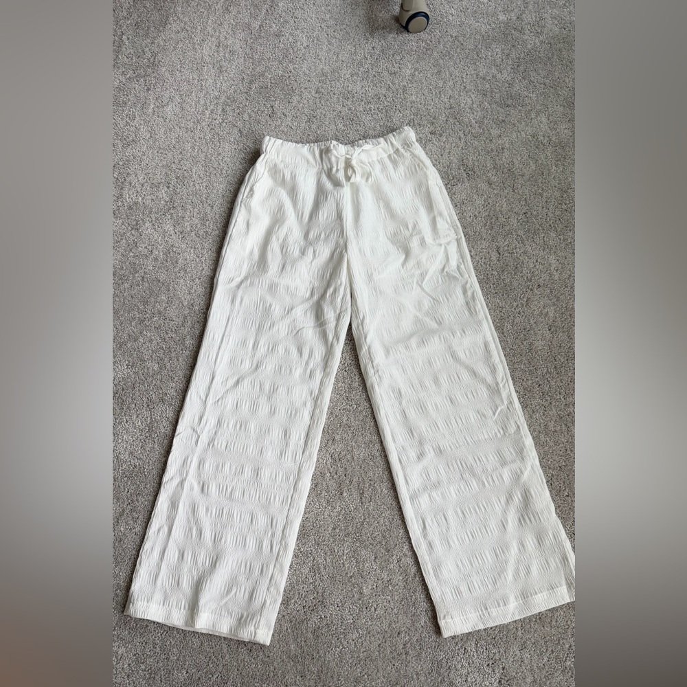 White Textured Wide-Leg Pants